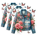 (3 Pack) Floral Denim Jacket Decals - Butterfly Rose - Laptop Sticker - 3 Inches On Longest Side - Easy Peel & Apply - Made in USA - 3MCS7602