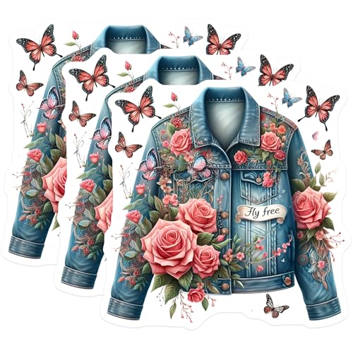 (3 Pack) Floral Denim Jacket Decals - Butterfly Rose - Laptop Sticker - 3 Inches On Longest Side - Easy Peel & Apply - Made in USA - 3MCS7602