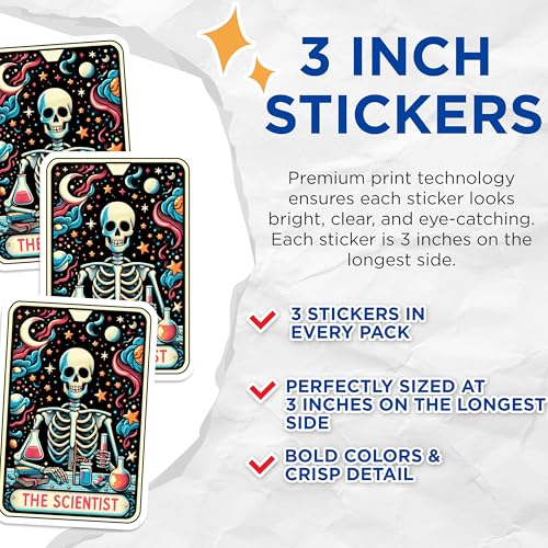 (3 Pack) Scientist Skeleton Decals - Mad Science Decor - Laptop Decals - 3 Inches On Longest Side - Easy Peel & Apply - Made in USA - 3MCS4261