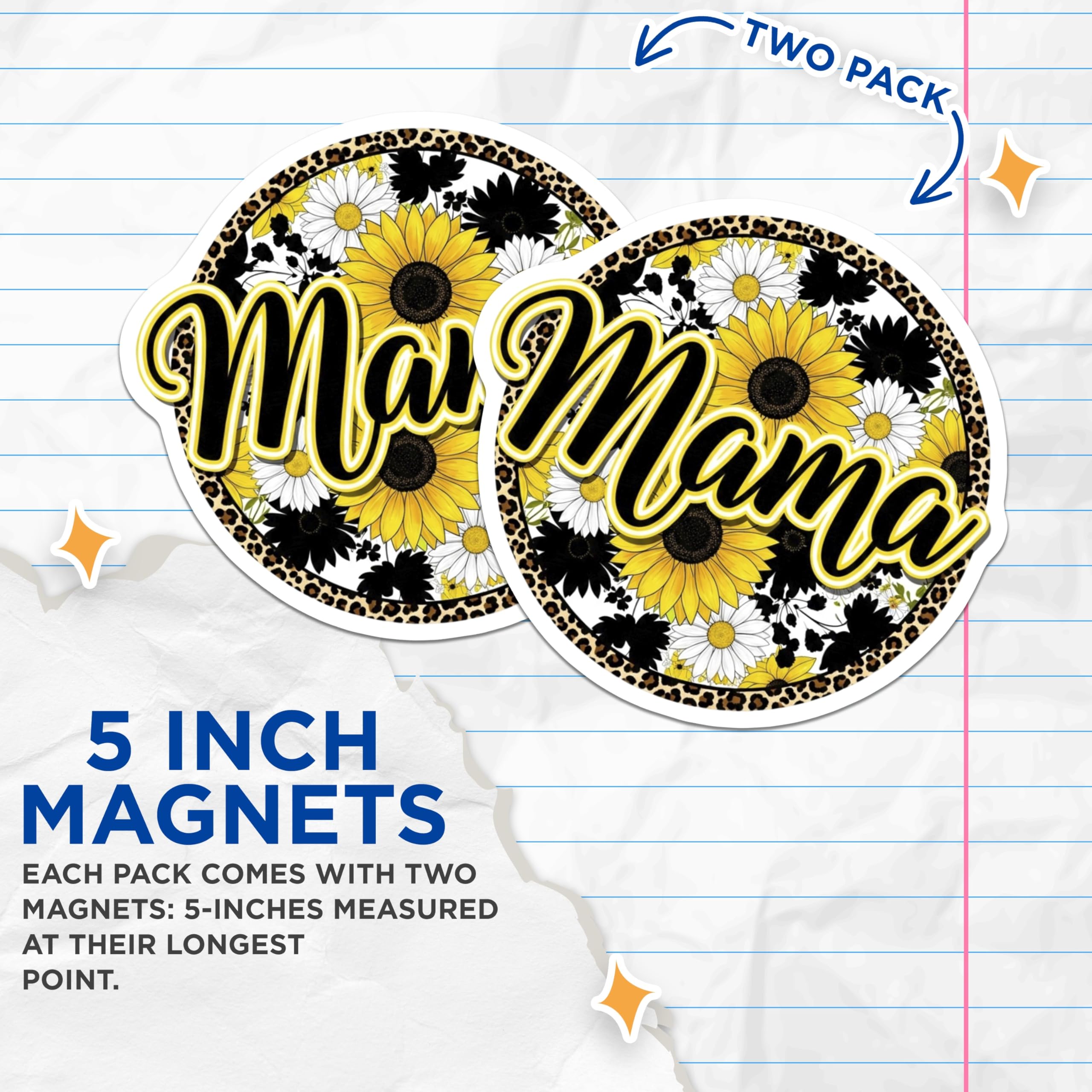 (2 Pack) Mama Sunflower Magnets - Leopard Print Decor - Floral Mom Magnet - 5" On Longest Side - Premium Magnet - for Cars, Refrigerators, Toolboxes, Lockers - Made in USA - MAG16997