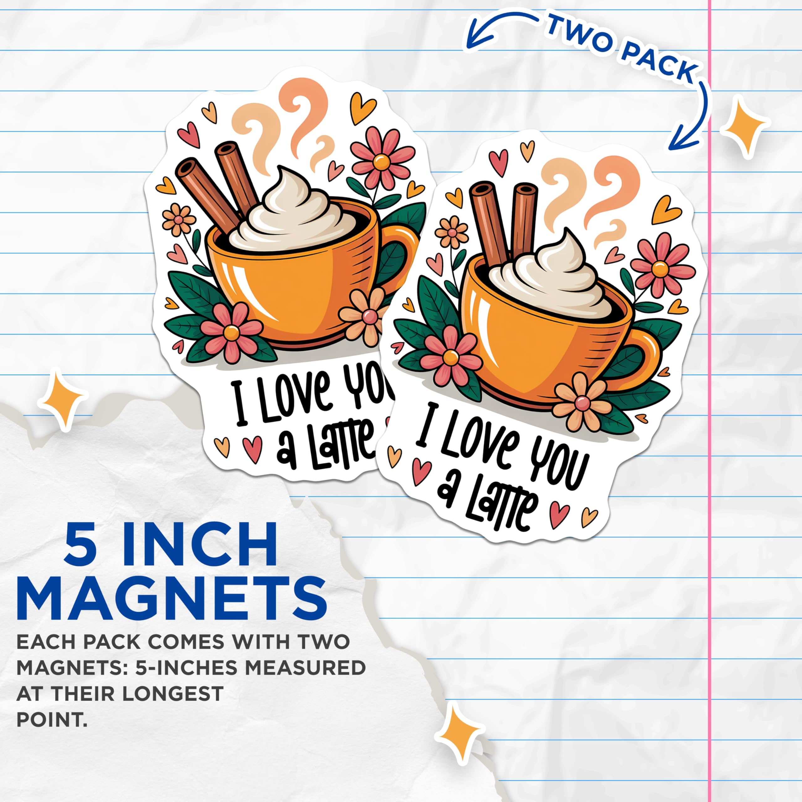 (2 Pack) Latte Pun Magnets - I Love You - Coffee Lover Decor - 5" On Longest Side - Premium Magnet - for Cars, Refrigerators, Toolboxes, Lockers - Made in USA - MAG16432