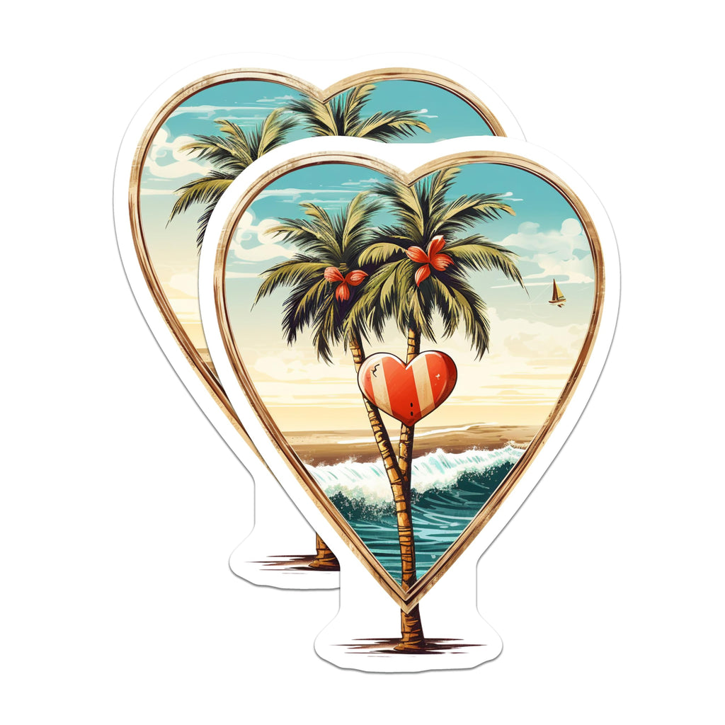 (2 Pack) Tropical Beach Magnets - Palm Tree Ocean Waves Art - Coastal Heart Frame Design - Summer Vacation Fridge Decor - 5 Inches On Longest Side - Thick Durable Magnet - Made in USA - MAG20068