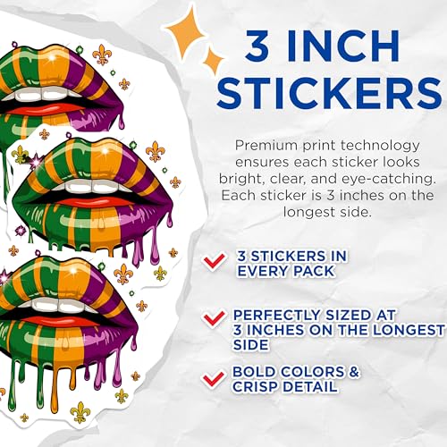 (3 Pack) Mardi Gras Lips Decals - Fleur De Lis Stickers - Carnival Party Decals - 3 Inches On Longest Side - Easy Peel & Apply - Made in USA - 3MCS8379