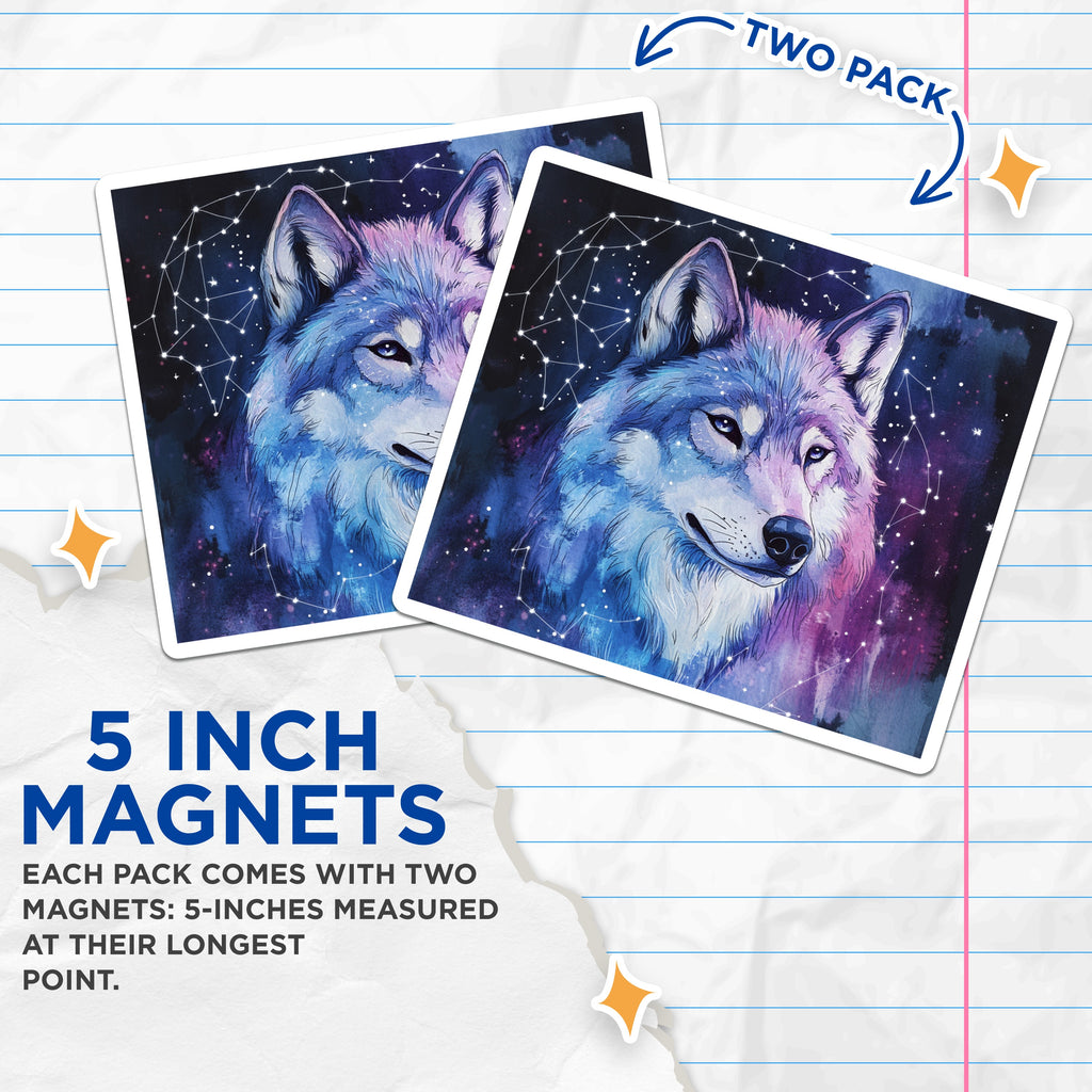 (2 Pack) Cosmic Wolf Magnets - Celestial Animal Art - Starry Night Decor - 5 Inches On Longest Side - Thick Durable Magnet - Made in USA - MAG39779