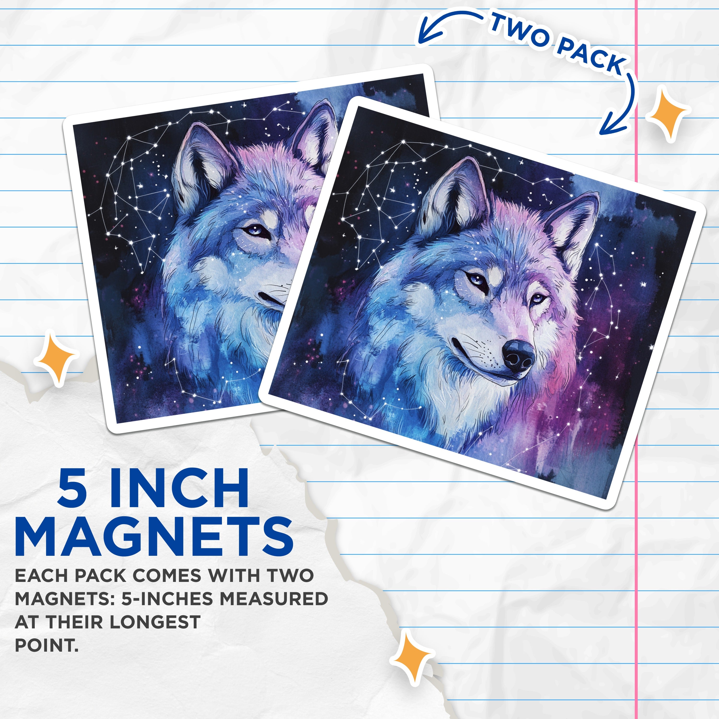 (2 Pack) Cosmic Wolf Magnets - Celestial Animal Art - Starry Night Decor - 5 Inches On Longest Side - Thick Durable Magnet - Made in USA - MAG39779