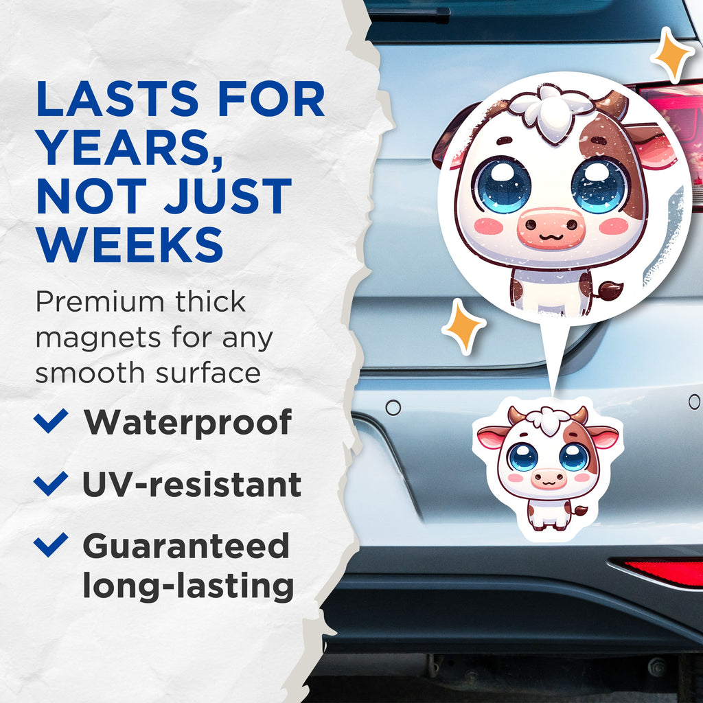 (2 Pack) Cute Cow Magnets - Kawaii Farm Animal - Adorable Chibi Bovine Magnets - Whimsical Fridge Decor - 5 Inches On Longest Side - Thick Durable Magnet - Made in USA - MAG36204