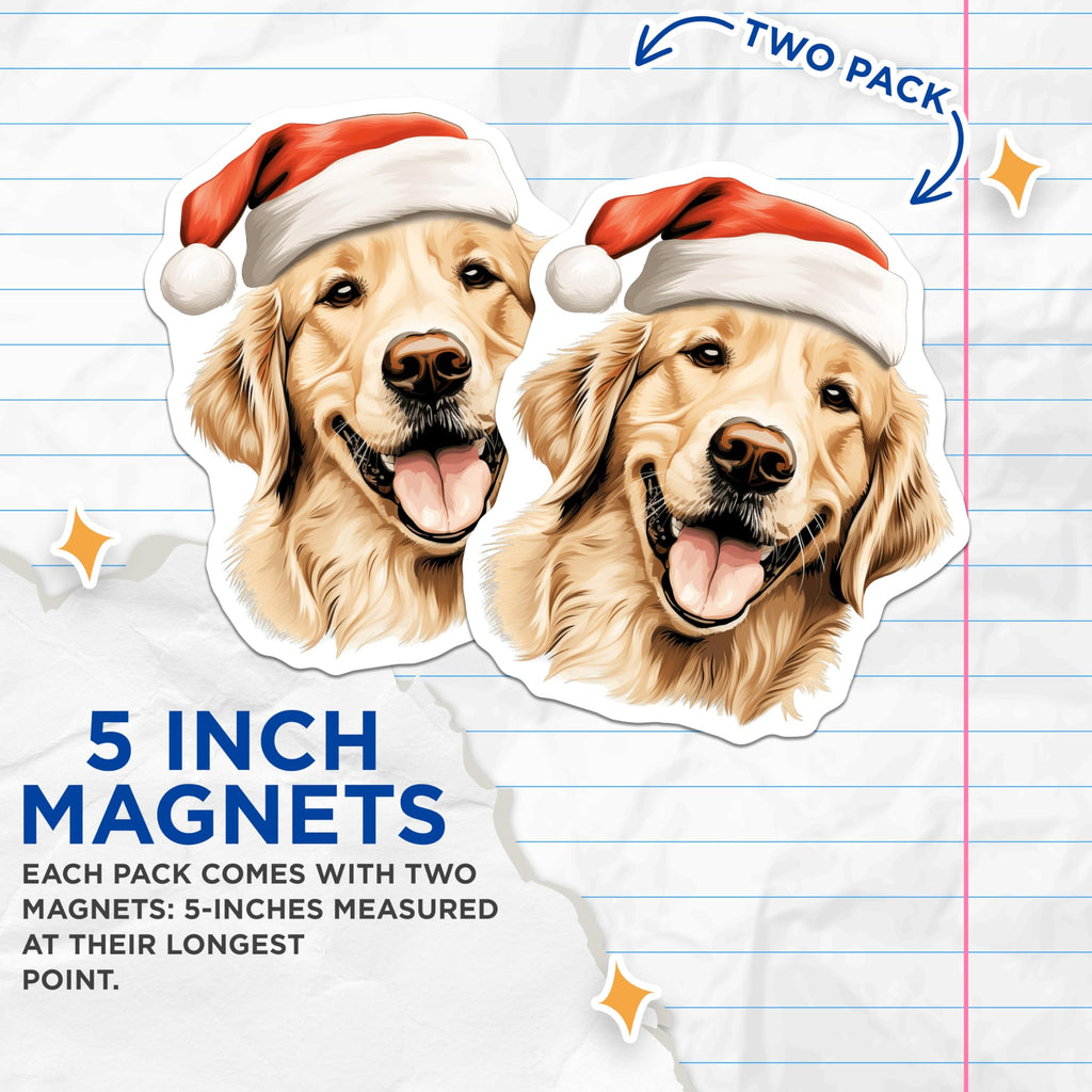 (2 Pack) Golden Retriever Santa Magnets - Christmas Dog Decor - Holiday Pet Owner Accessory - 5 Inches On Longest Side - Thick Durable Magnet - Made in USA - MAG28119