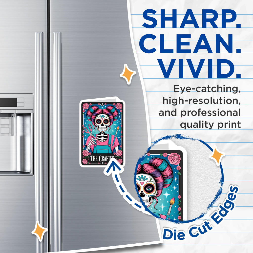 (2 Pack) Crafter Sugar Skull Magnets - Artist Sewing Painting - Day of the Dead Decor - 5 Inches On Longest Side - Thick Durable Magnet - Made in USA - MAG22580