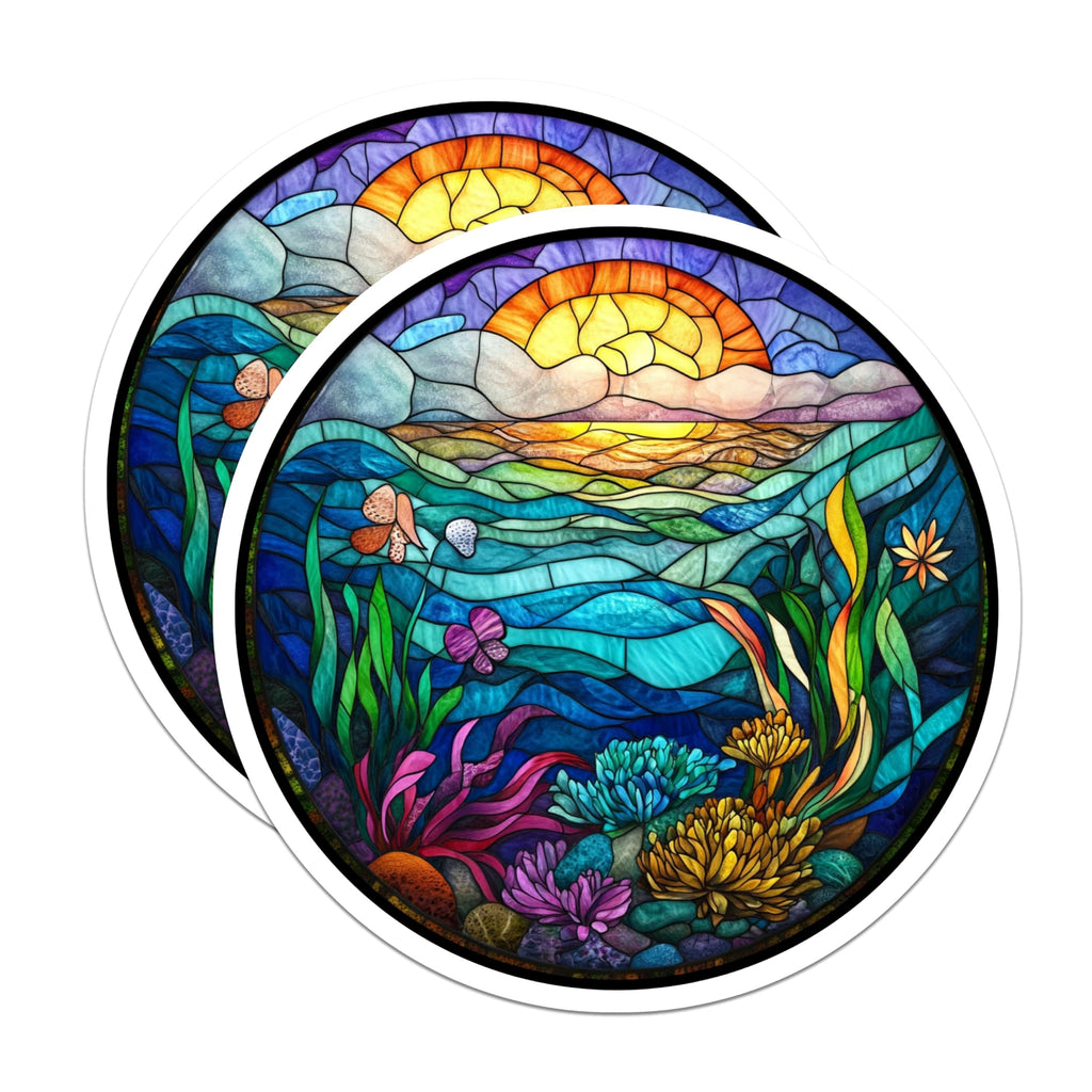 (2 Pack) Ocean Stained Glass Magnets - Sunset Seascape Art - Vibrant Nature Decor - Aquatic Scene Fridge Magnets - 5 Inches On Longest Side - Thick Durable Magnet - Made in USA - MAG27566