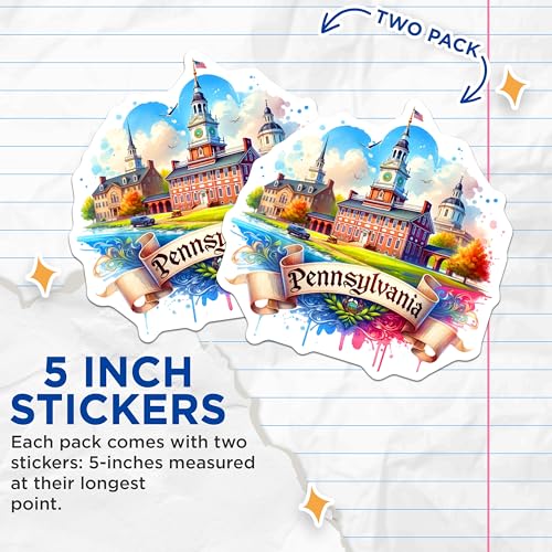(2 Pack) Pennsylvania State Stickers - Travel Sticker - Watercolor Art Decal - 5" On Longest Side - Sticks to Smooth Flat Surfaces - Made in USA - BMCS6673