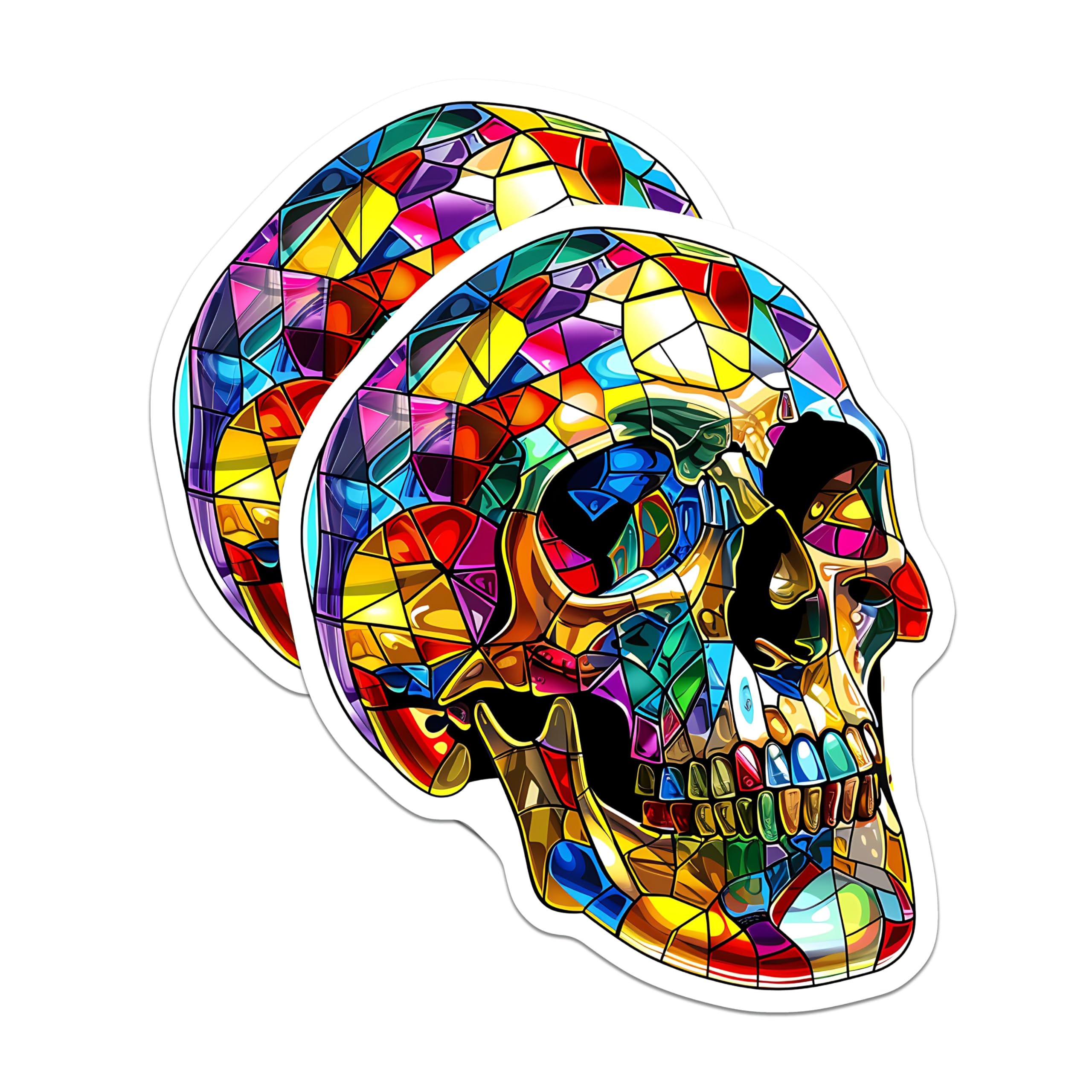 (2 Pack) Stained Glass Skull Stickers - Colorful Skull Art - Mosaic Skull Decals- 5" On Longest Side - Sticks to Smooth Flat Surfaces - Made in USA - BMCS16794