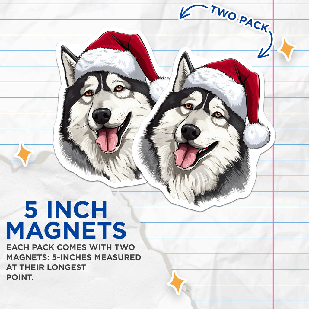 (2 Pack) Christmas Husky Magnets - Santa Hat Dog Decor - Holiday Refrigerator Art for Dog Lovers - 5 Inches On Longest Side - Thick Durable Magnet - Made in USA - MAG30527