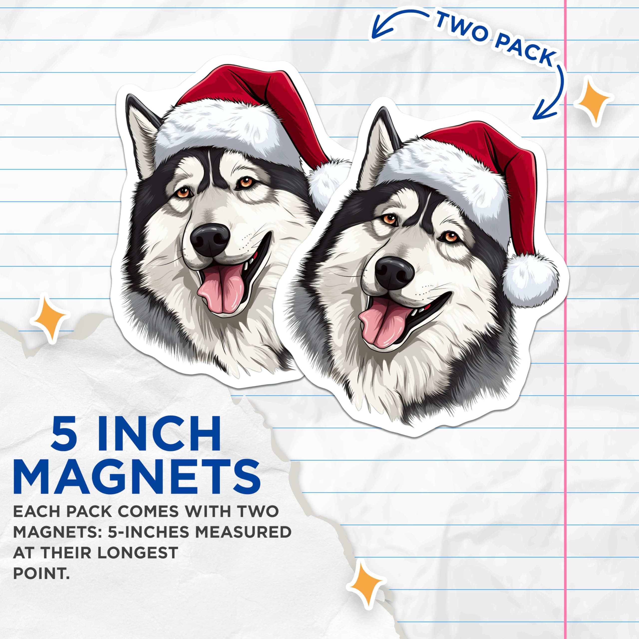 (2 Pack) Christmas Husky Magnets - Santa Hat Dog Decor - Holiday Refrigerator Art for Dog Lovers - 5 Inches On Longest Side - Thick Durable Magnet - Made in USA - MAG30527