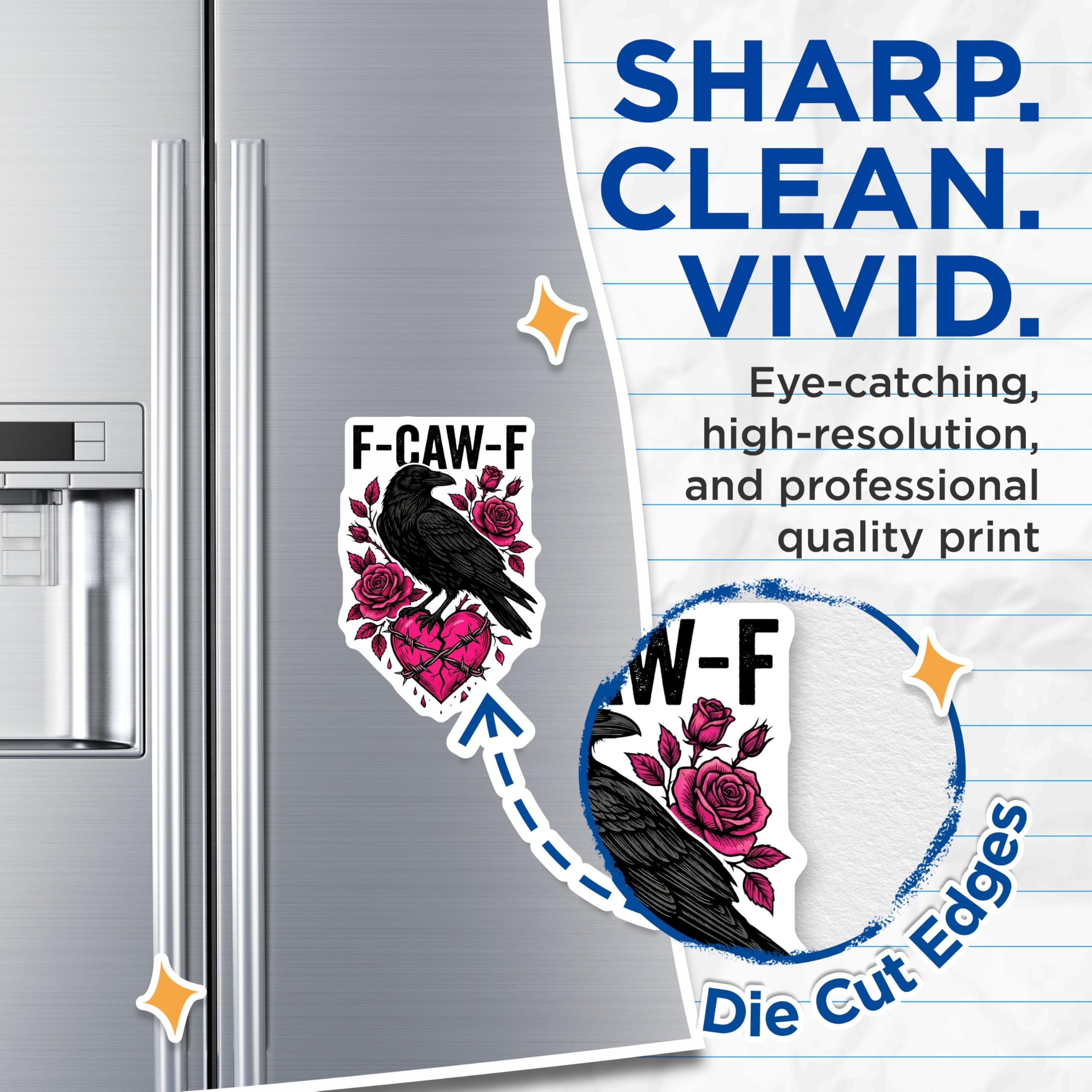 (2 Pack) Raven Magnets - F-CAW-F Rose Art - Crow Broken Heart Kitchen Decor - 5" On Longest Side - Premium Magnet - for Cars, Refrigerators, Toolboxes, Lockers - Made in USA - MAG15206