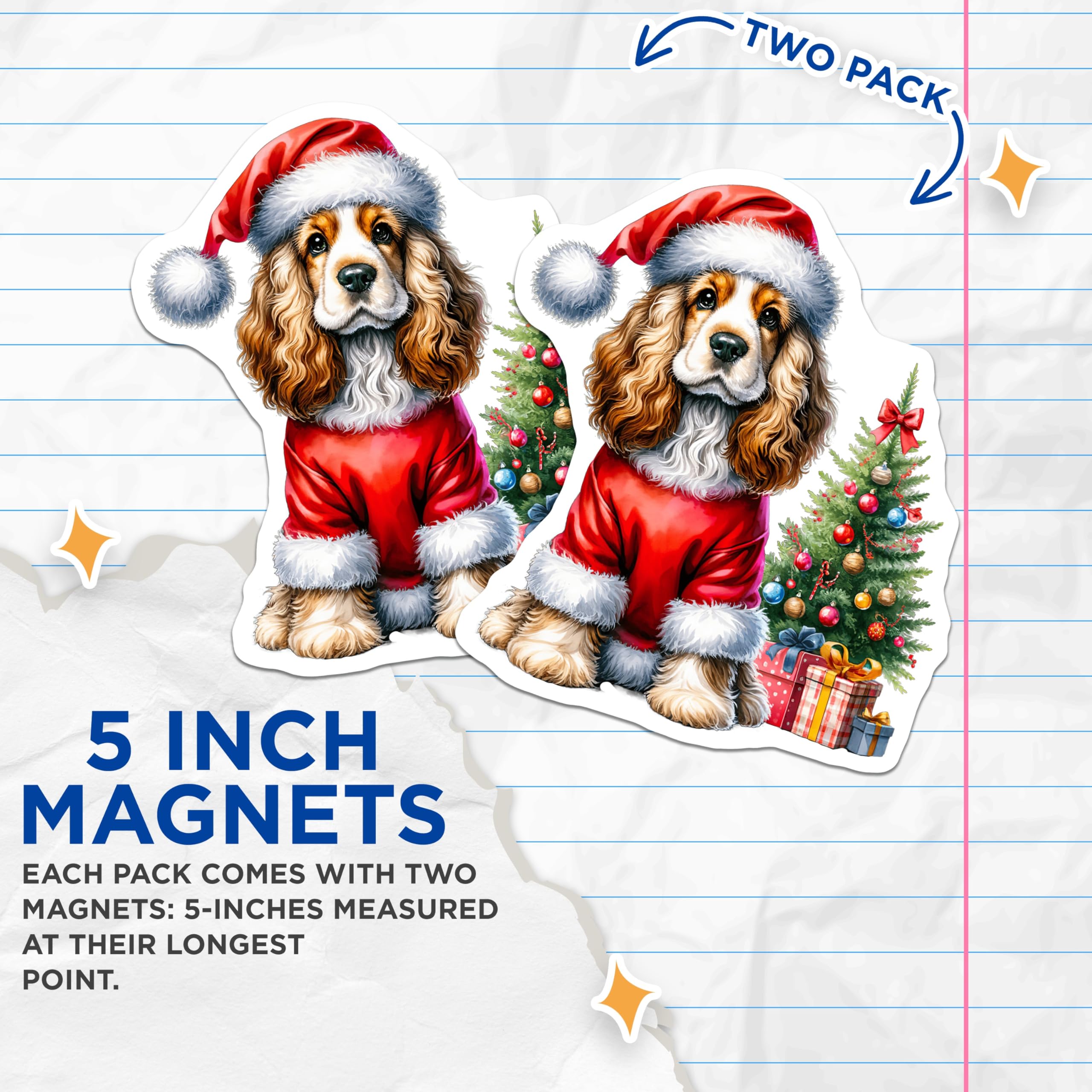 (2 Pack) Cocker Spaniel Christmas Magnets - Santa Dog Holiday Decor - Festive Pet Lover Accent - 5 Inches On Longest Side - Thick Durable Magnet - Made in USA - MAG23782