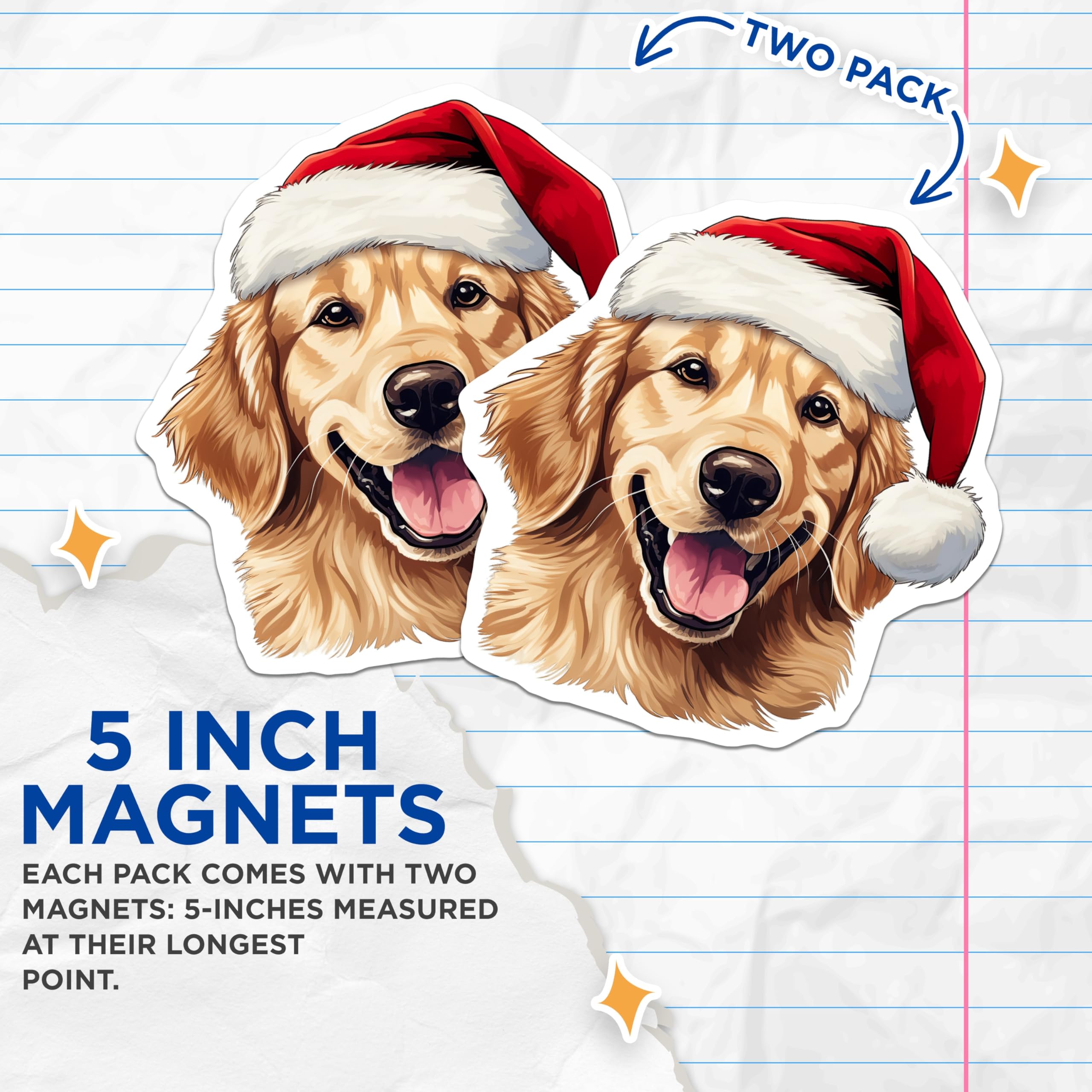 (2 Pack) Golden Retriever Christmas Magnets - Santa Hat Dog Decor - Festive Pet Accessory - 5 Inches On Longest Side - Thick Durable Magnet - Made in USA - MAG24874