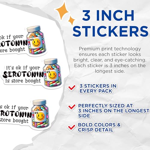 (3 Pack) Serotonin Decals - Mental Health - Store Bought Serotonin Stickers - 3 Inches On Longest Side - Easy Peel & Apply - Made in USA - 3MCS7010