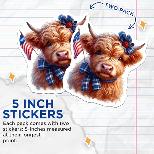 (2 Pack) Cute Highland Cow Stickers - Patriotic Cow Sticker - American Flag Cow Decal - 5" On Longest Side - Sticks to Smooth Flat Surfaces - Made in USA - BMCS6347