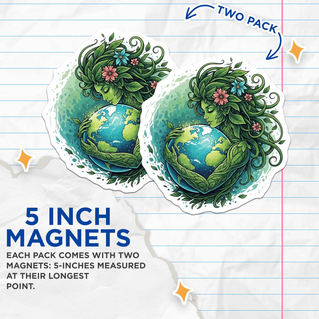 (2 Pack) Mother Earth Magnets - Gaia Planet Protector Art - Nature Goddess Home Decor - Environmental Awareness - 5 Inches On Longest Side - Thick Durable Magnet - Made in USA - MAG23132