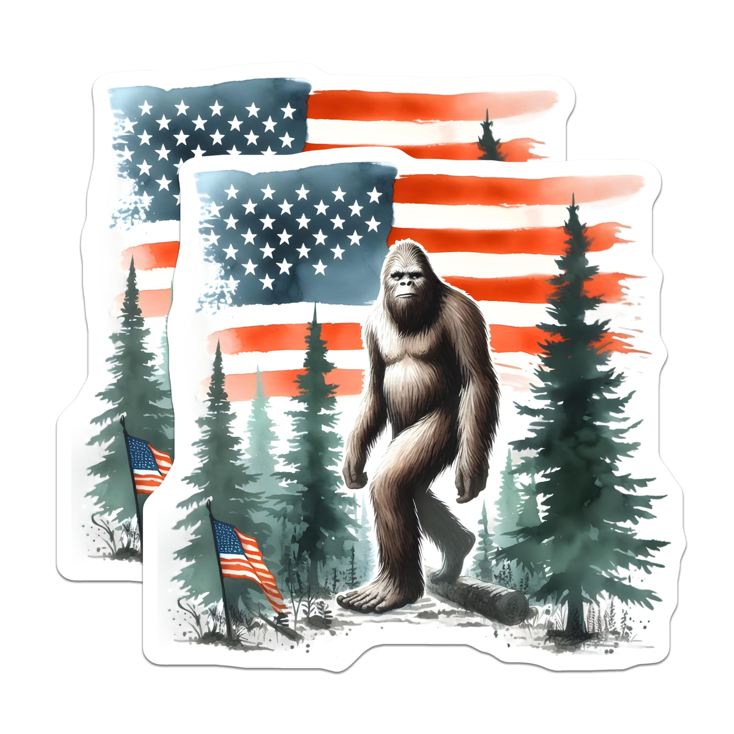 (2 Pack) Bigfoot American Flag Magnets - Patriotic Sasquatch Forest - United States Cryptid Legend Wilderness Display - 5 Inches On Longest Side - Thick Durable Magnet - Made in USA - MAG20987