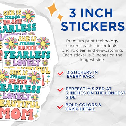 (3 Pack) Mom Affirmation Decals - Strong Brave Fearless - Positive Quote Stickers - 3 Inches On Longest Side - Easy Peel & Apply - Made in USA - 3MCS7973