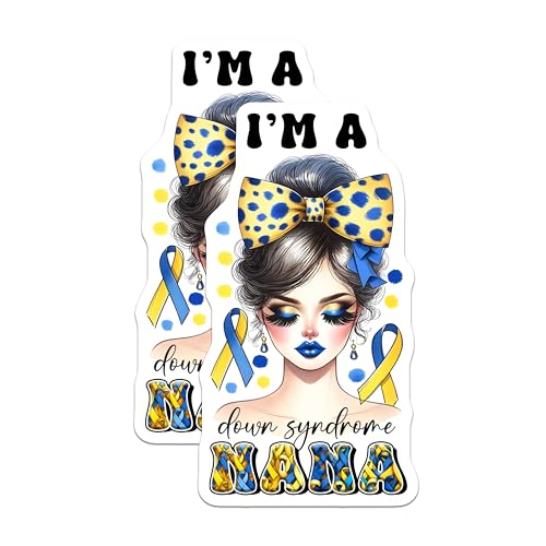 (2 Pack) Down Syndrome Awareness Stickers - Blue and Yellow Ribbon - Mama Design - 5" On Longest Side - Sticks to Smooth Flat Surfaces - Made in USA - BMCS8197