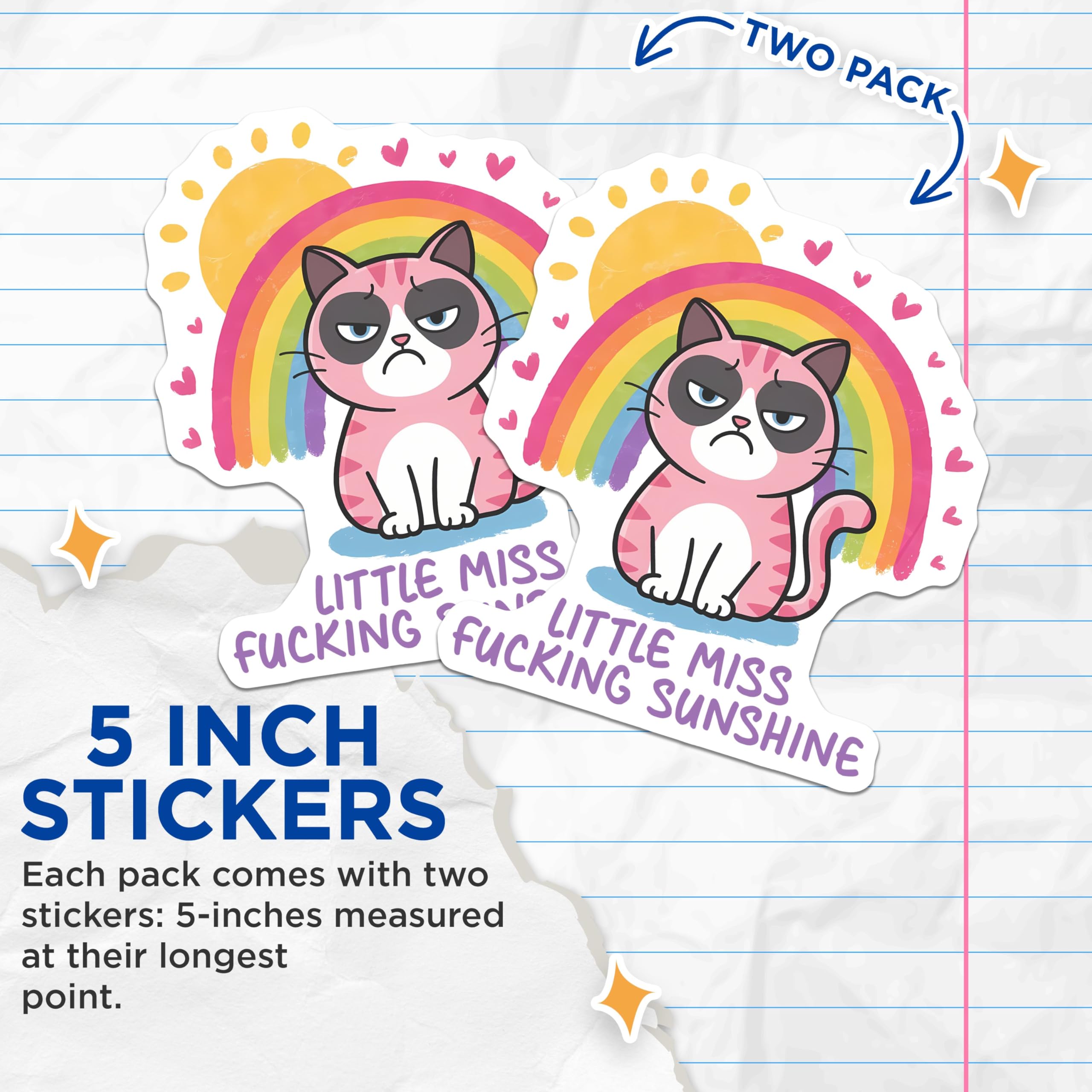 (2 Pack) Little Miss Sunshine Stickers - Grumpy Cat Stickers - Cute Rainbow Stickers - 5" On Longest Side - Sticks to Any Smooth Flat Surface - Made in USA - BMCS3309