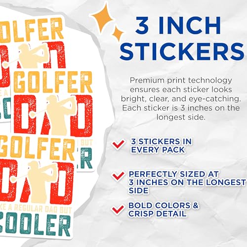 (3 Pack) Golfer Dad Decals - Funny Golf Lover - Cooler Dad Decal - 3 Inches On Longest Side - Easy Peel & Apply - Made in USA - 3MCS2477