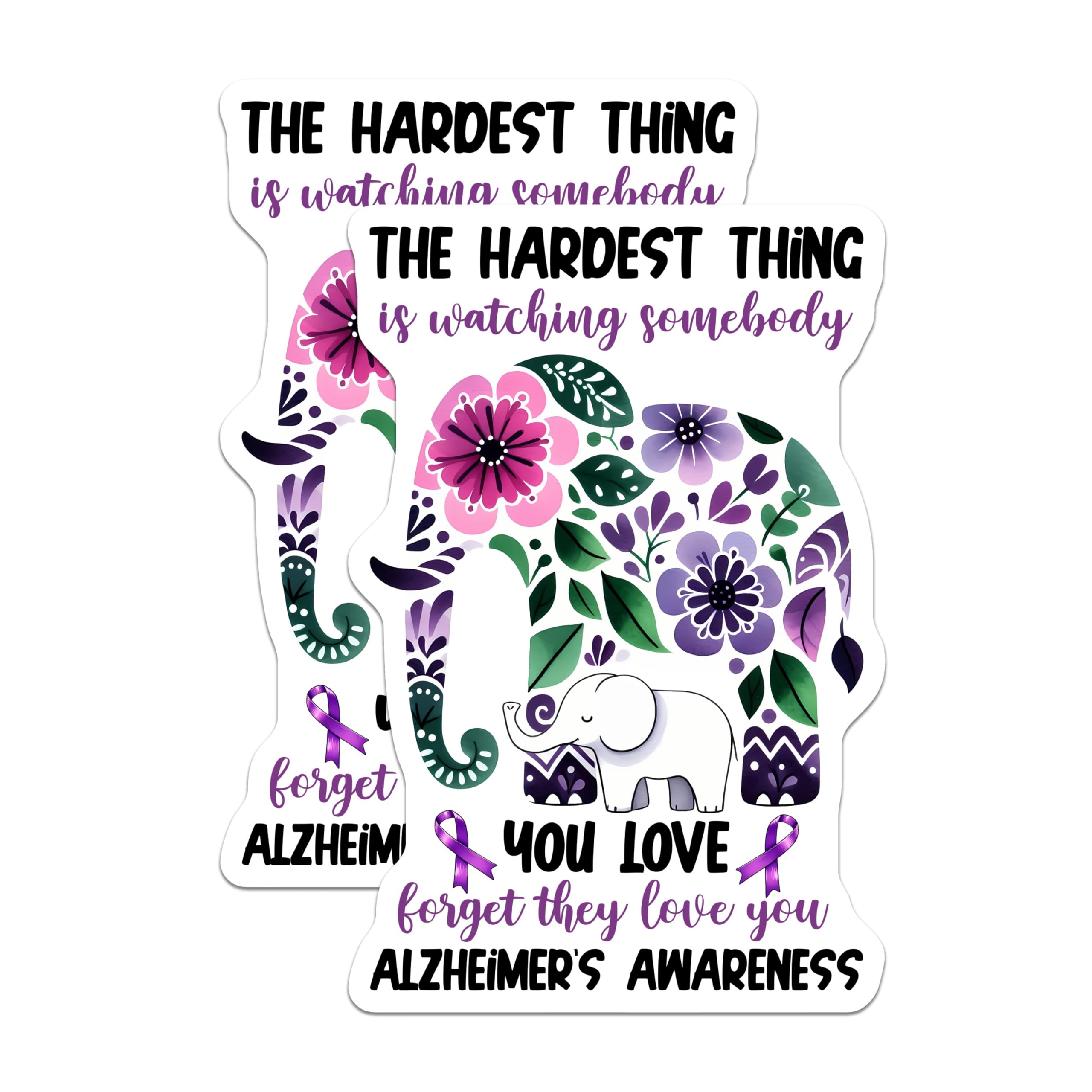 (2 Pack) Alzheimer's Awareness Stickers - Memory Loss Support - Inspirational Elephant Decal - 5" On Longest Side - Sticks to Smooth Flat Surfaces - Made in USA - BMCS9780