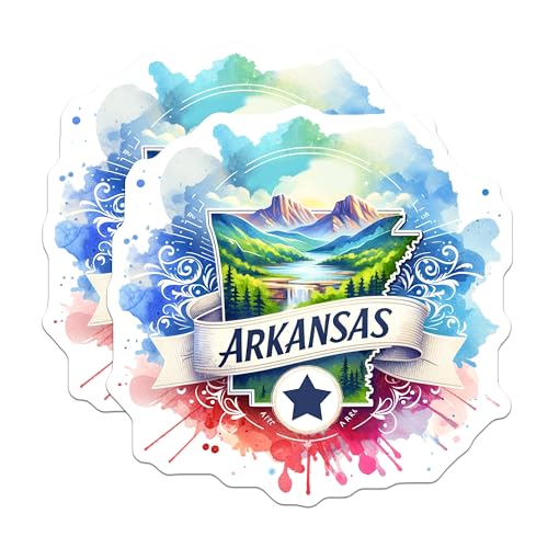 (2 Pack) Arkansas State Stickers - Beautiful Landscape Art - Watercolor Travel Decal - Unique Arkansas Souvenir - 5" On Longest Side - Sticks to Smooth Flat Surfaces - Made in USA - BMCS6599