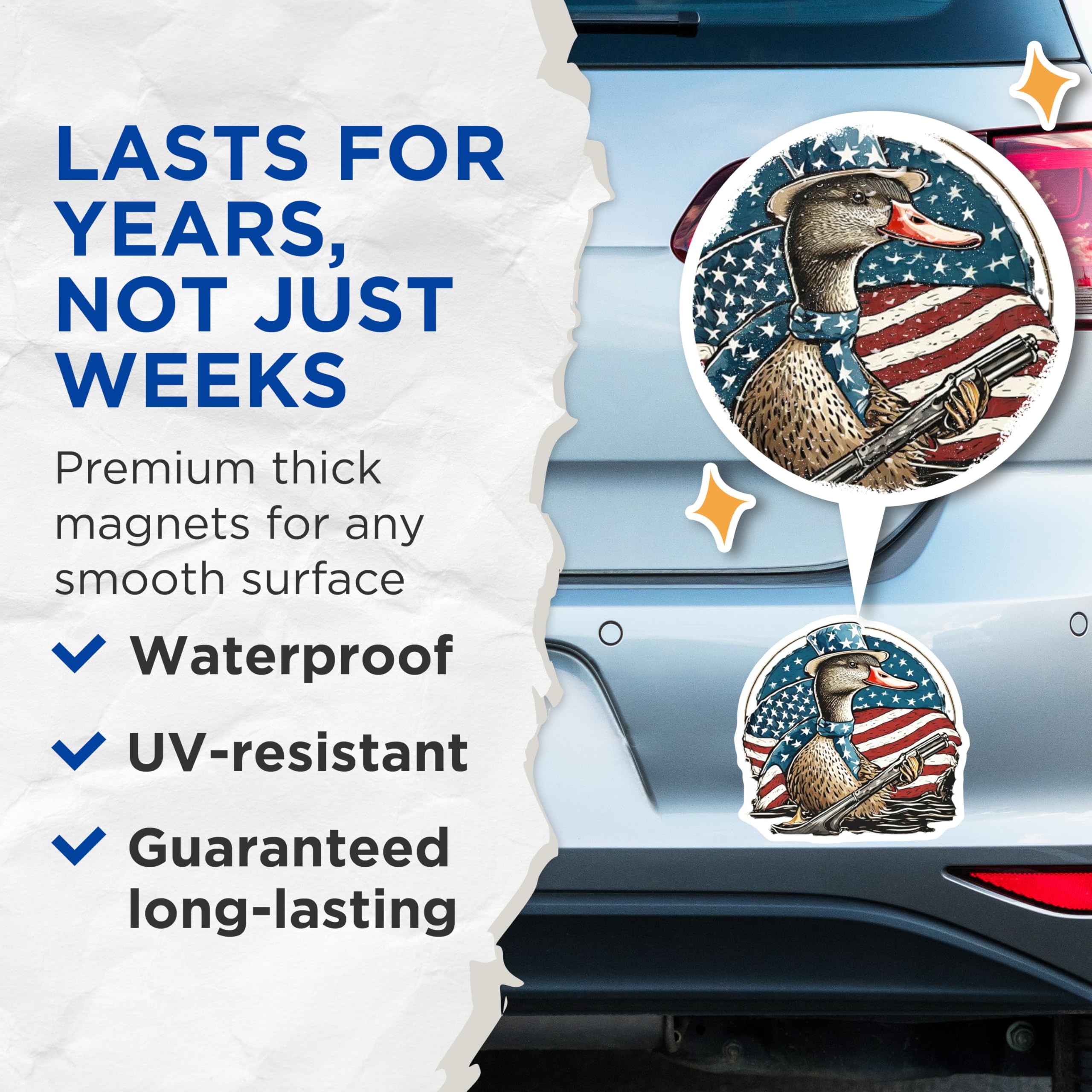 (2 Pack) Patriotic American Duck Hunting Magnets - Second Amendment USA Flag - Vehicle Refrigerator Locker Magnets - 5 Inches On Longest Side - Thick Durable Magnet - Made in USA - MAG21379