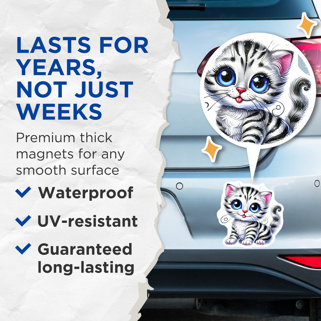 (2 Pack) Cute Kitten Magnets - Big Eyes Cat - Refrigerator Home Decor - 5" On Longest Side - Premium Magnet - for Cars, Refrigerators, Toolboxes, Lockers - Made in USA - MAG14354