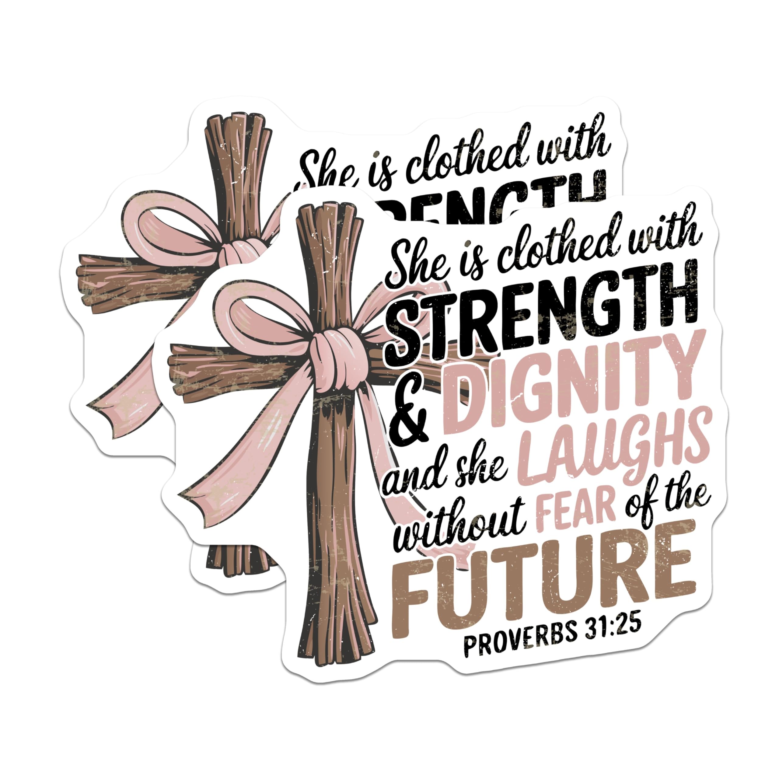 (2 Pack) Strength and Dignity Stickers - Inspirational Bible Verse Stickers - Proverbs 31:25 Stickers - 5" On Longest Side - Sticks to Any Smooth Flat Surface - Made in USA - BMCS3434