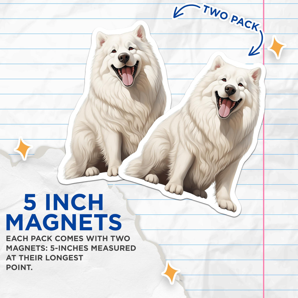 (2 Pack) Samoyed Dog Magnets - Fluffy White Dog Decor - Happy Puppy Animal Art - 5 Inches On Longest Side - Thick Durable Magnet - Made in USA - MAG26599
