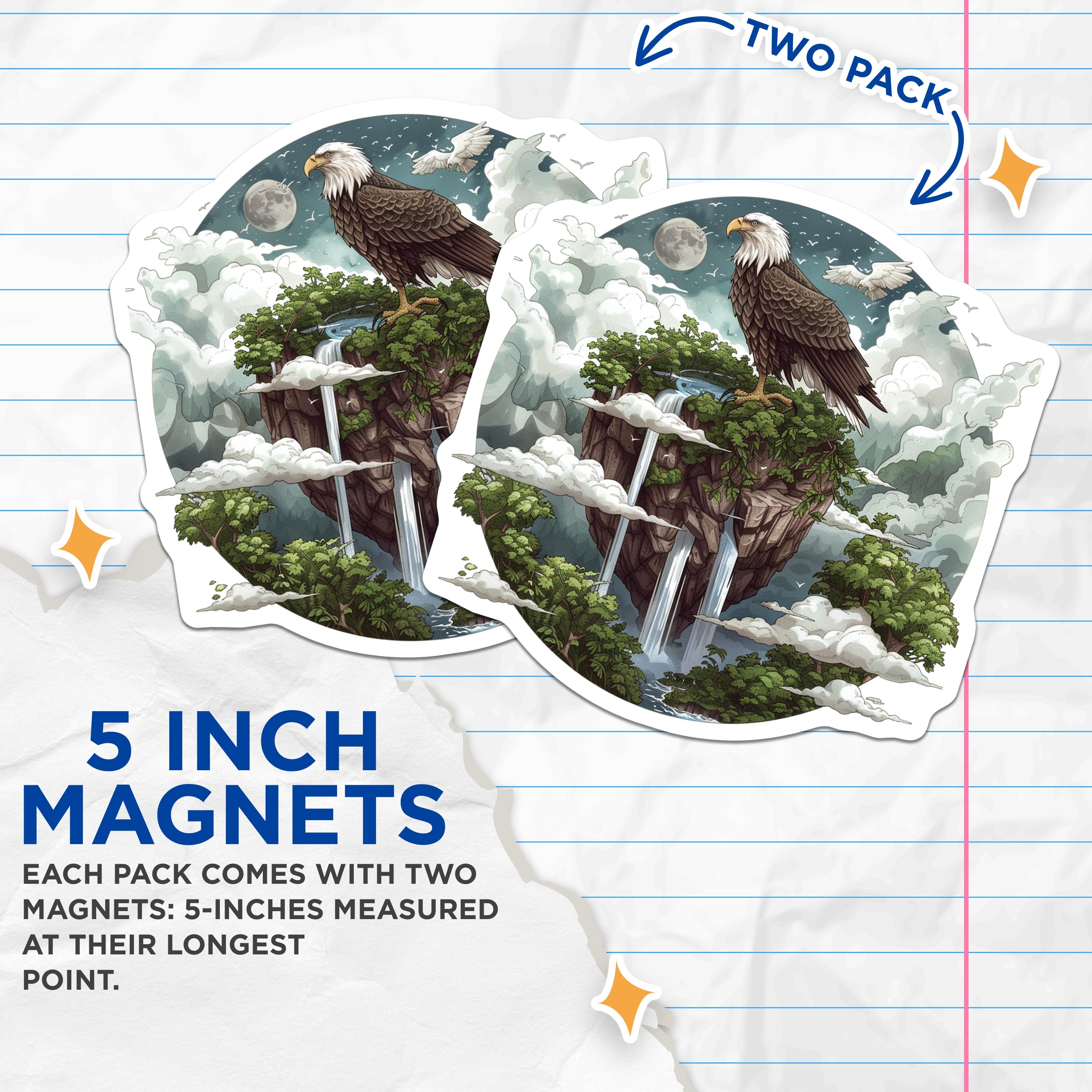 (2 Pack) Bald Eagle Magnets - Majestic Wildlife Art - Floating Island Fantasy Decor - Naturecore Scene - 5 Inches On Longest Side - Thick Durable Magnet - Made in USA - MAG36596