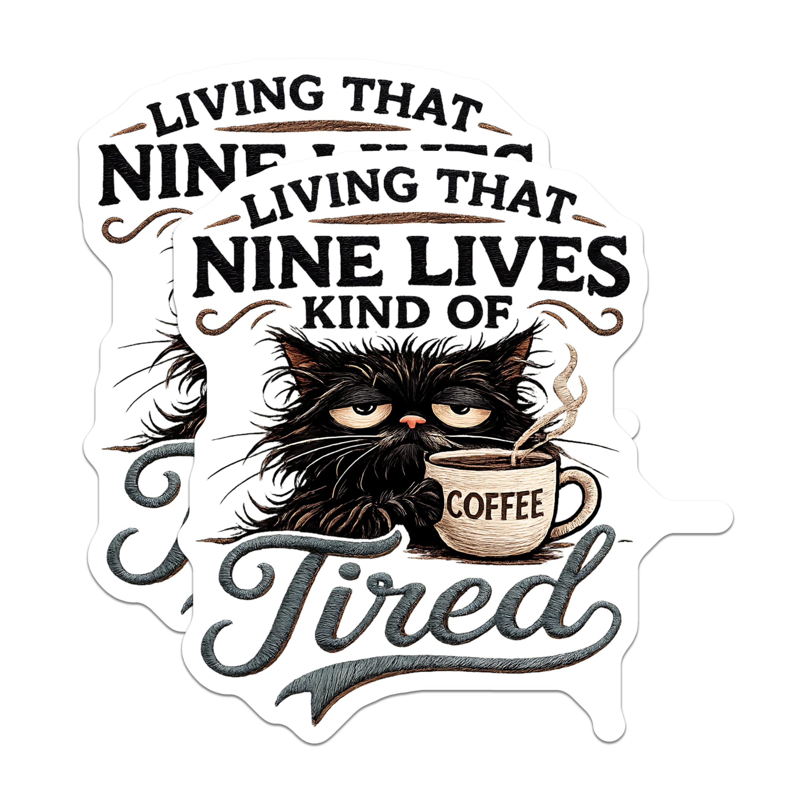 (2 Pack) Tired Black Cat Magnets - Nine Lives Coffee Lover Humor - Grumpy Feline Fridge Kitchen Locker Home Office Decor - 5 Inches On Longest Side - Thick Durable Magnet - Made in USA - MAG22888