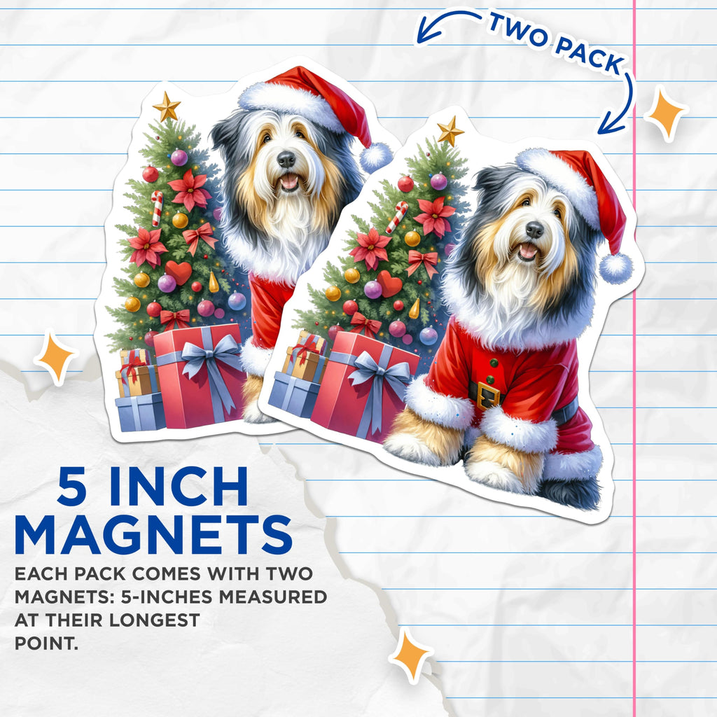 (2 Pack) Santa Dog Magnets - Adorable Bearded Collie Christmas Decor - Festive Holiday Refrigerator Art for Dog Lovers - 5 Inches On Longest Side - Thick Durable Magnet - Made in USA - MAG24316