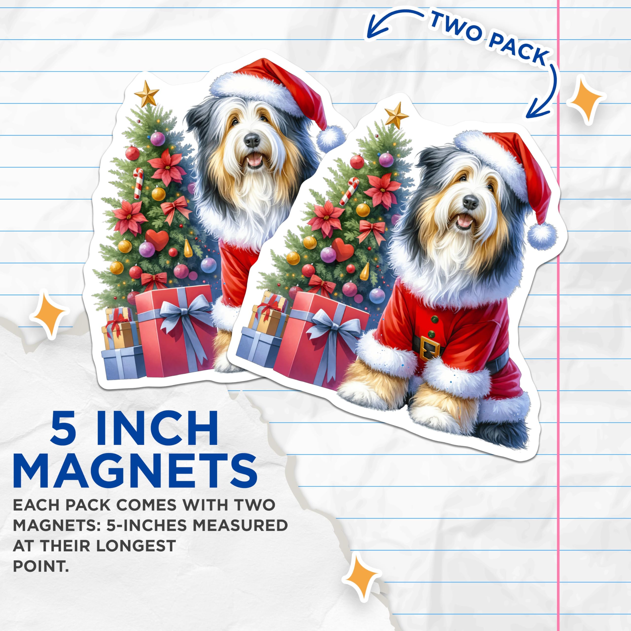 (2 Pack) Santa Dog Magnets - Adorable Bearded Collie Christmas Decor - Festive Holiday Refrigerator Art for Dog Lovers - 5 Inches On Longest Side - Thick Durable Magnet - Made in USA - MAG24316