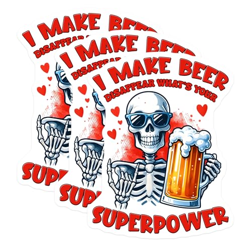 (3 Pack) Funny Beer Decals - Skeleton Superpower - Laptop Car Decals - 3 Inches On Longest Side - Easy Peel & Apply - Made in USA - 3MCS8533