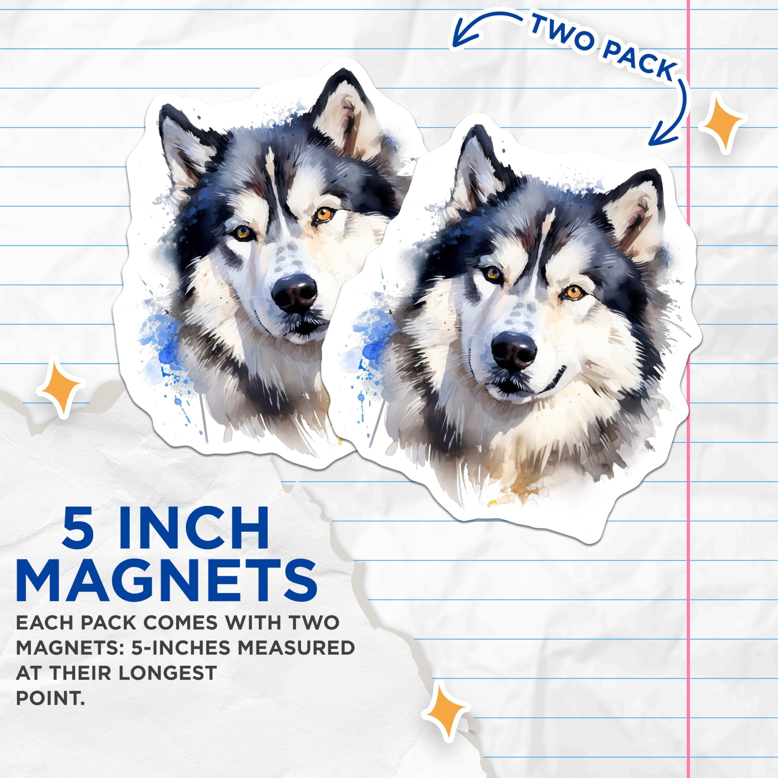 (2 Pack) Siberian Husky Magnets - Watercolor Dog Art - Animal Lover Kitchen Decor - 5 Inches On Longest Side - Thick Durable Magnet - Made in USA - MAG26179
