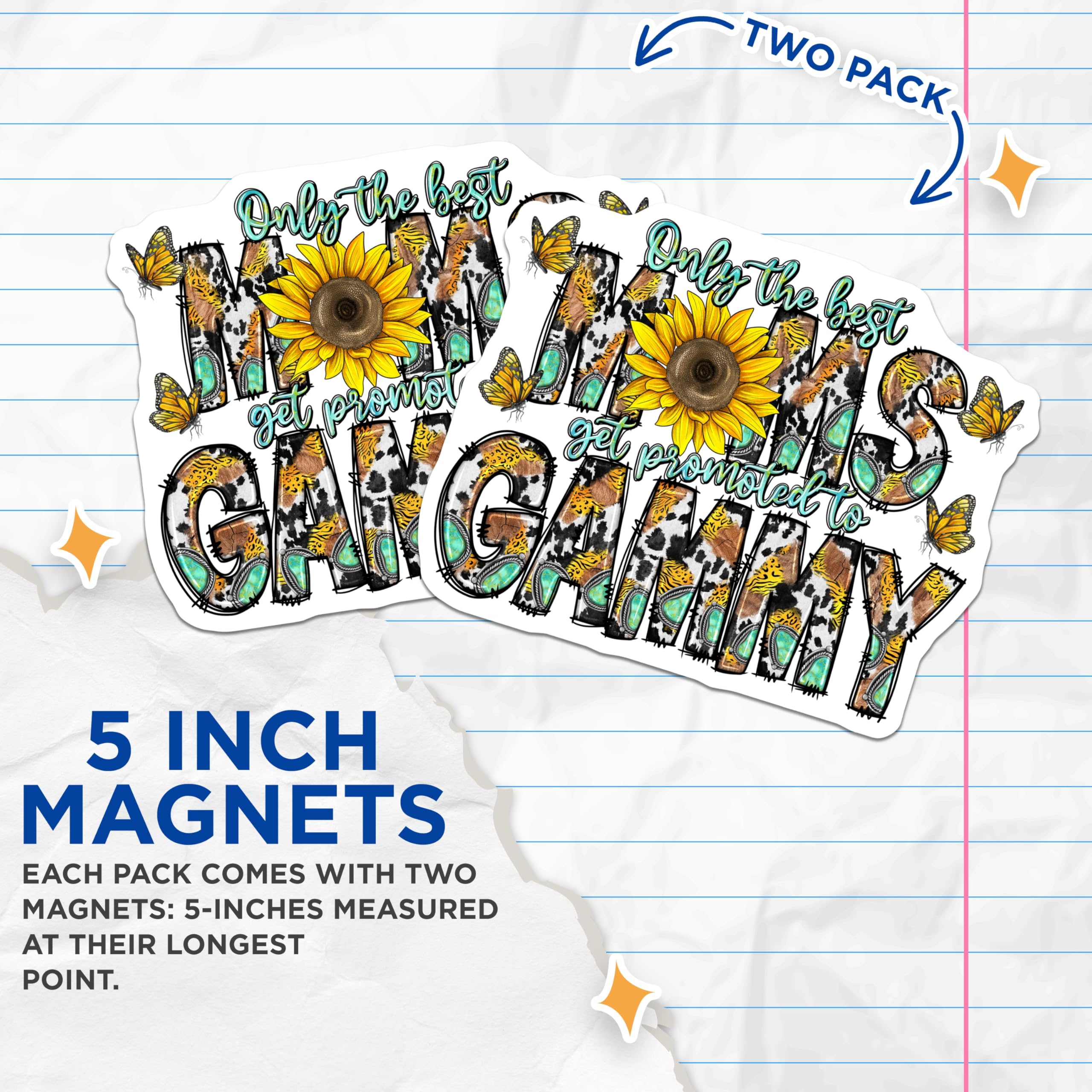 (2 Pack) Promoted to Gammy Magnets - New Grandma Southwestern Butterfly - Mothers Day Sunflower Decor - 5 Inches On Longest Side - Thick Durable Magnet - Made in USA - MAG27864