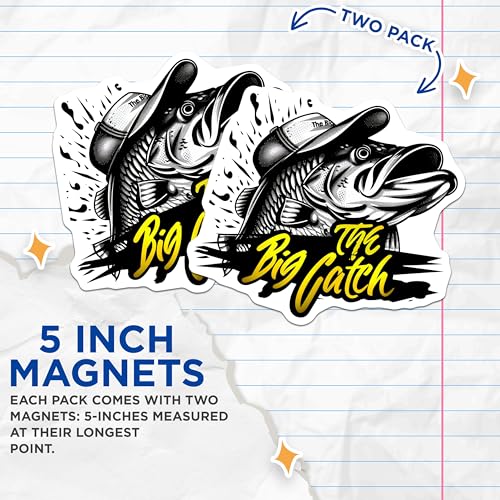 (2 Pack) The Big Catch Magnets - Fish Art Magnets - Outdoor Fishing Decor Magnets - 5" On Longest Side - for Cars, Refrigerators, Toolboxes, Lockers - Made in USA MAG3586