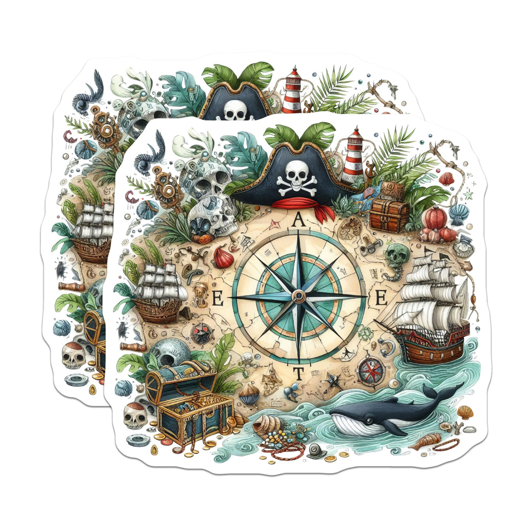 (2 Pack) Pirate Treasure Map Stickers - Adventure Decal - Nautical Sea Map Art - 5" On Longest Side - Sticks to Smooth Flat Surfaces - Made in USA - BMCS6641