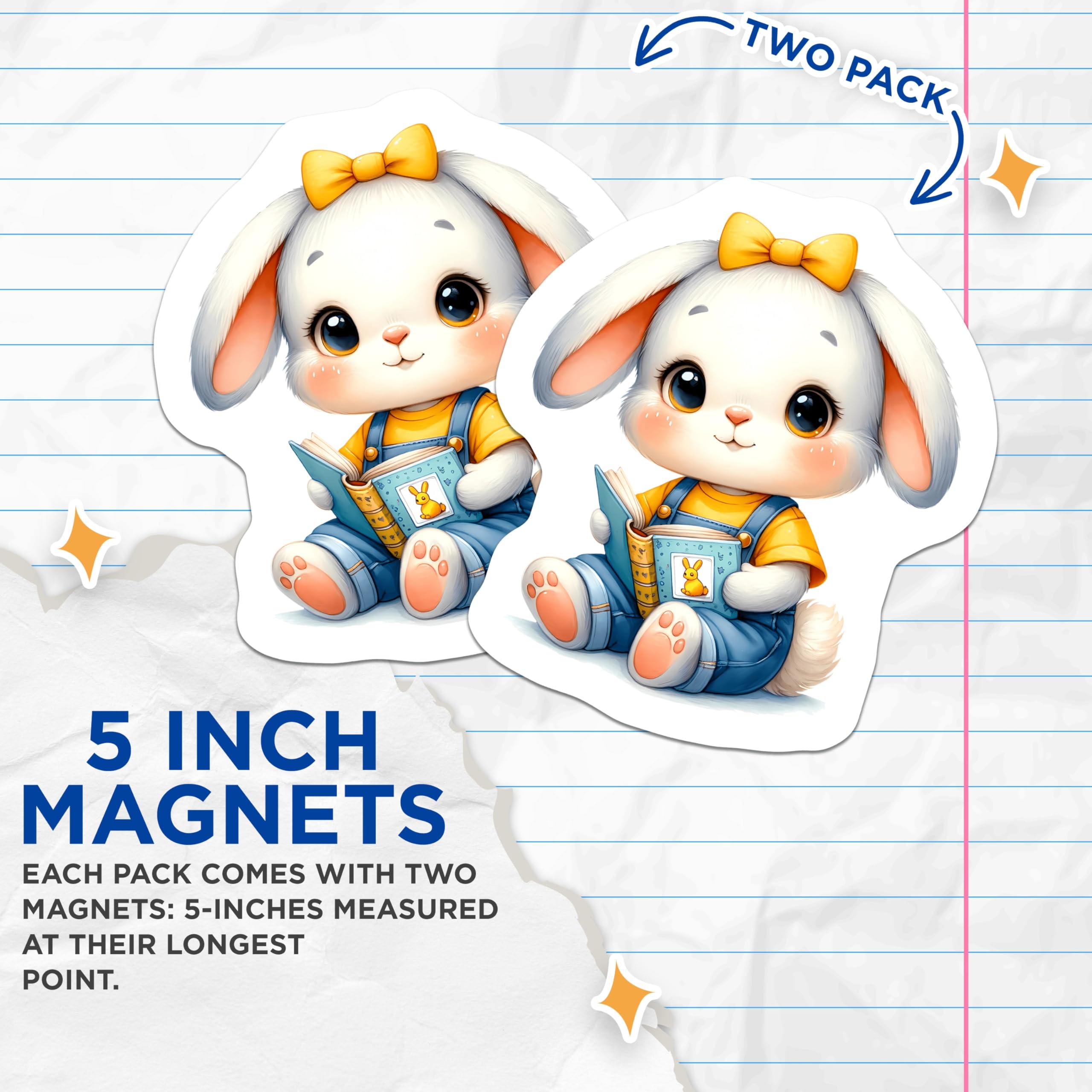 (2 Pack) Cute Bunny Reading Magnets - Adorable Rabbit Book Lover - Kids Nursery Decor - Whimsical Animal Magnet - 5 Inches On Longest Side - Thick Durable Magnet - Made in USA - MAG21240