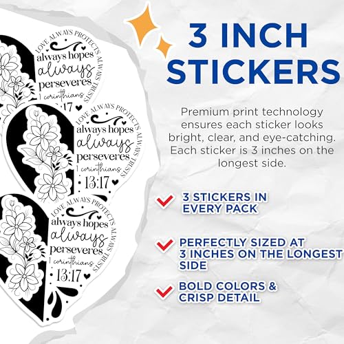 (3 Pack) Love Verse Decals - Floral Heart - Bible Verse - 3 Inches On Longest Side - Easy Peel & Apply - Made in USA - 3MCS2631
