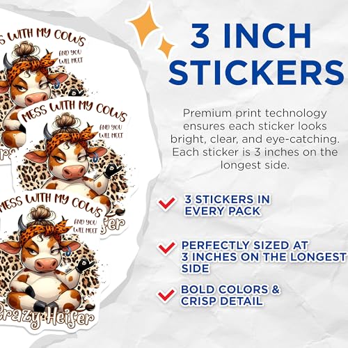 (3 Pack) Funny Cow Decals - Crazy Heifer - Farm Animal Laptop Decal - 3 Inches On Longest Side - Easy Peel & Apply - Made in USA - 3MCS2550