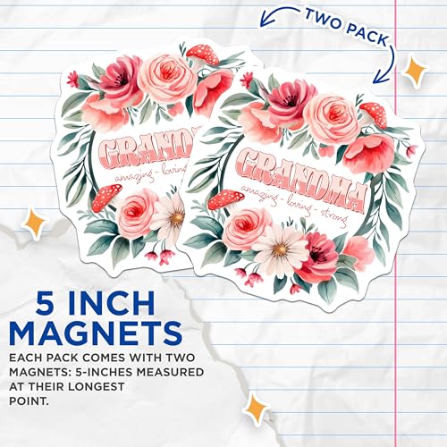 (2 Pack) Grandma Magnets Magnets - Floral Artwork - Grandma Appreciation - 5" On Longest Side - Made in USA - Sticks to Refrigerators & Metal Surfaces - MAG8470