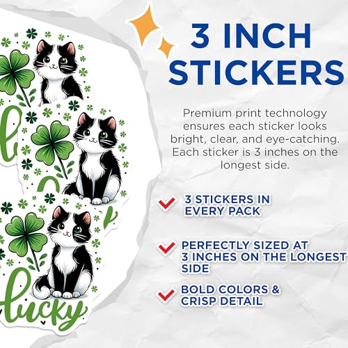 (3 Pack) Lucky Cat Decals - St Patricks Day - Shamrock Clover - 3 Inches On Longest Side - Easy Peel & Apply - Made in USA - 3MCS6860