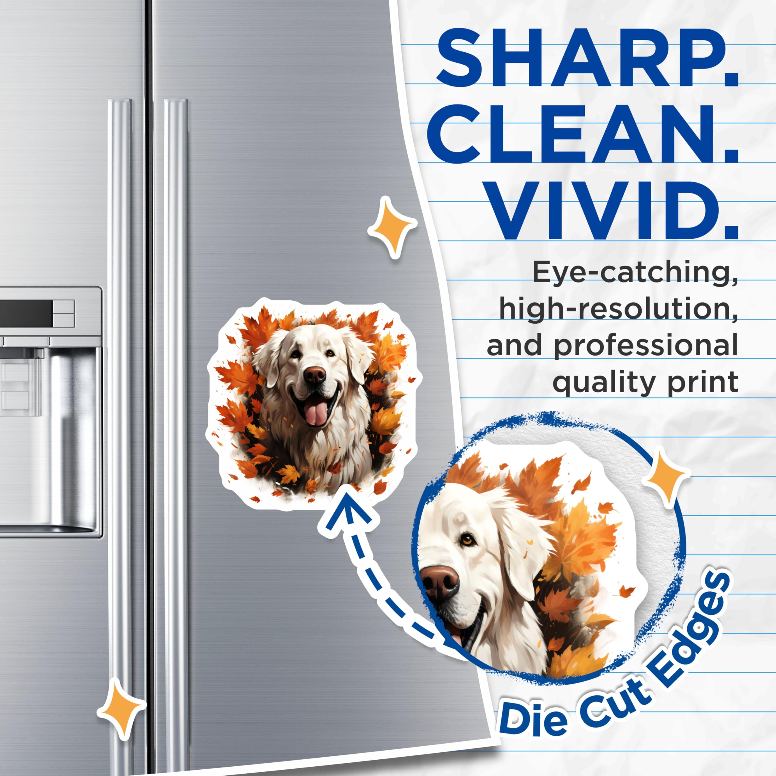 (2 Pack) Happy White Dog Magnets - Autumn Leaves Fall Decor - Smiling Pet Lover Fridge Accessory - 5 Inches On Longest Side - Thick Durable Magnet - Made in USA - MAG28961
