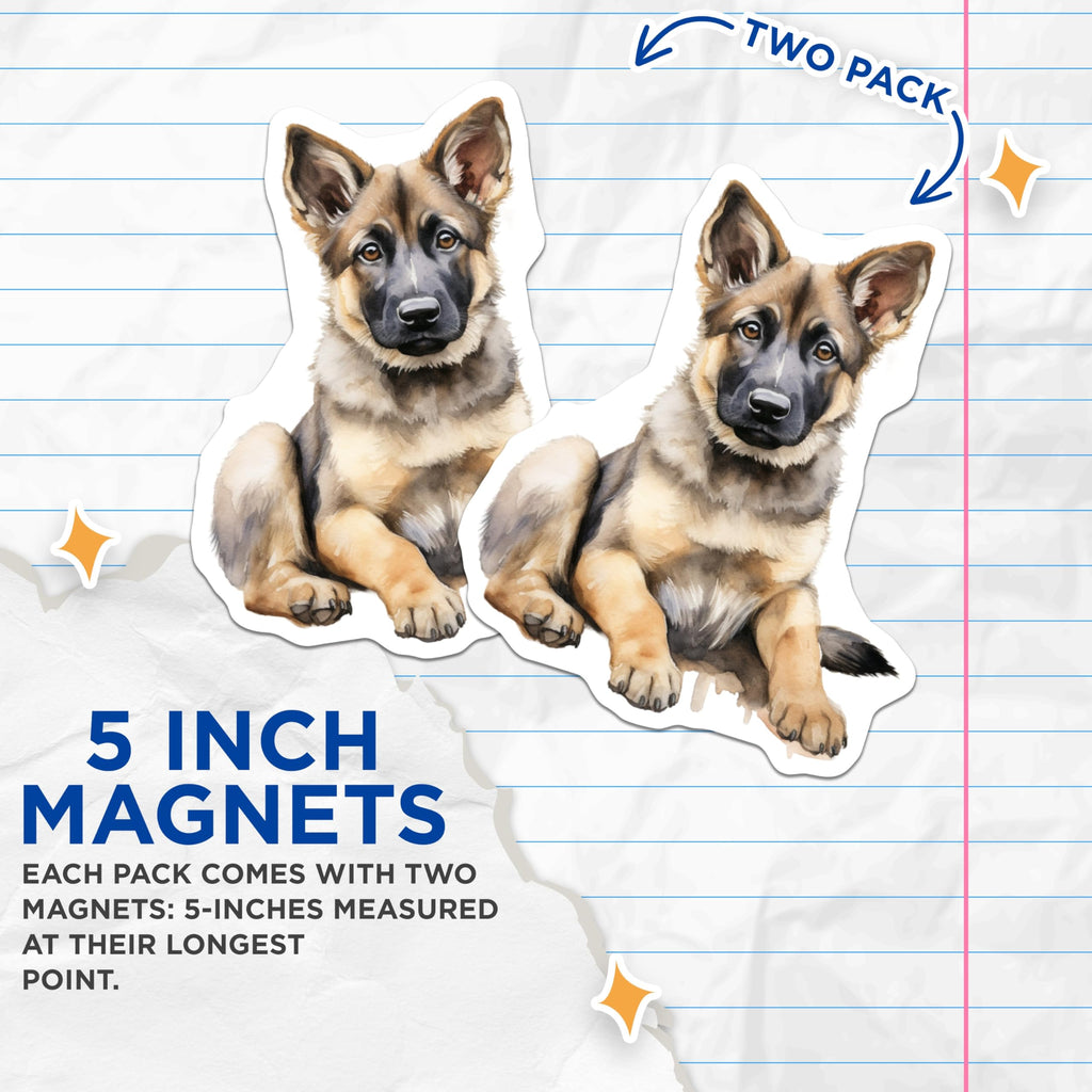 (2 Pack) German Shepherd Puppy Magnets - Cute Dog Lover Decor - Watercolor Pet Art - 5 Inches On Longest Side - Thick Durable Magnet - Made in USA - MAG28732